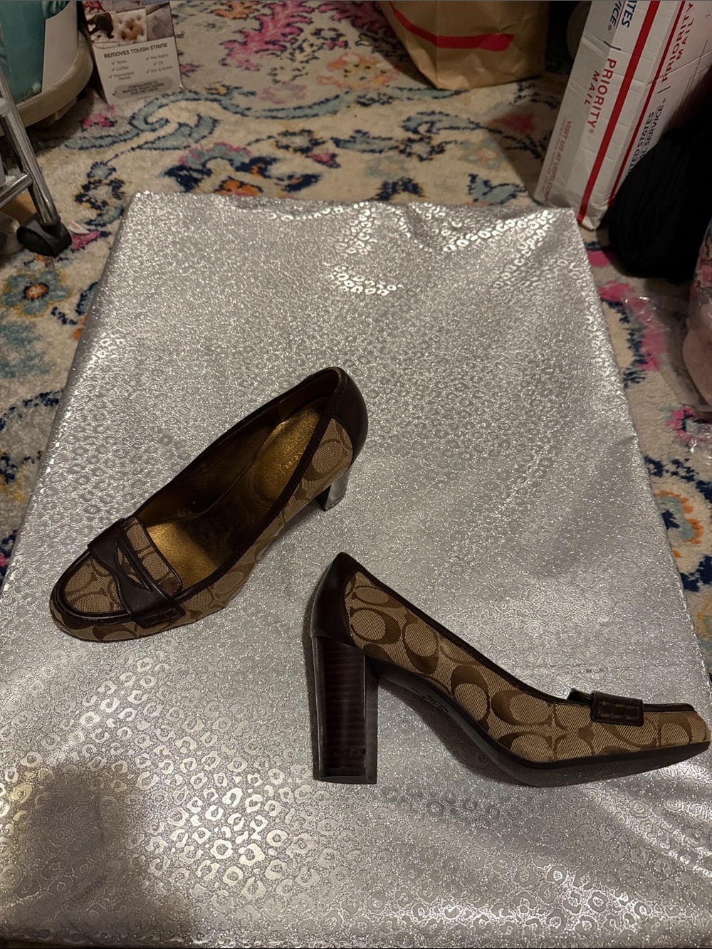 Coach Brown Signature Canvas Block Heel Pumps
